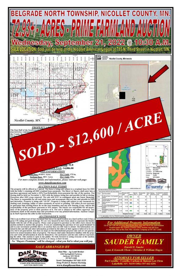 SOLD - $12,600 / ACRE Sauder Family 72.93+/- Acres Farmland Auction