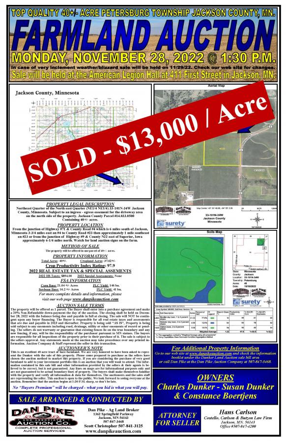 SOLD $13,000 / Acre Dunker Family Top Quality 40+/- Acre Petersburg Township Jackson County, MN. Farmland Auction - Updated tax information as of 11-21-22