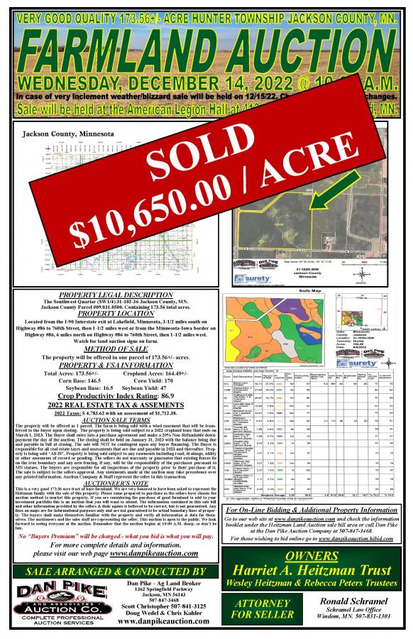 SOLD $10,650 / Acre - Harriet A. Heitzman Trust 173.56 +/- Acre Hunter Township Jackson County, Minnesota Farmland Auction