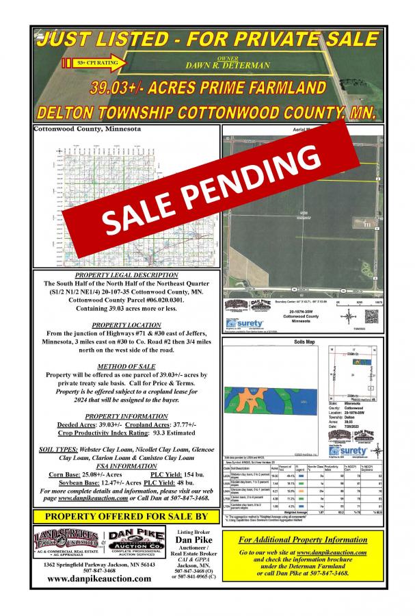 SOLD - Dawn Determan Excellent 39.03+/- Acre of Bare Farmland in Section 20 Delton Township Cottonwood County, MN. 