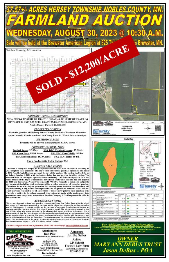 SOLD $12,200 / ACRE -  Mary Ann DeBus Trust 37.57+/- Acre Prime Farmland Hersey Township Nobles County, Minnesota 
